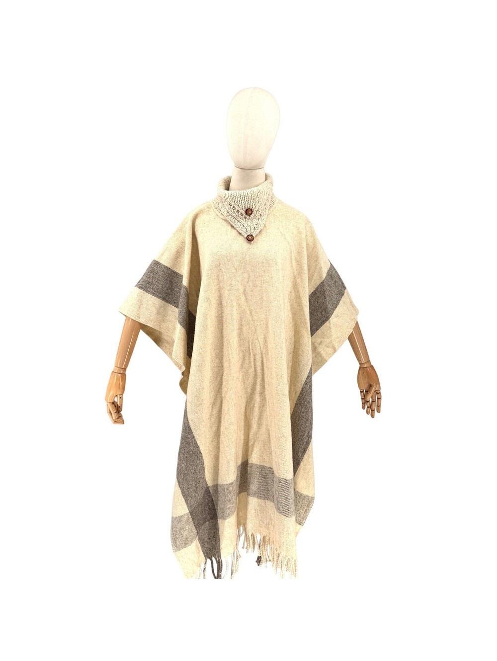 Vintage 80s Cream Oatmeal 100% Wool Cowl Neck Fringe Poncho